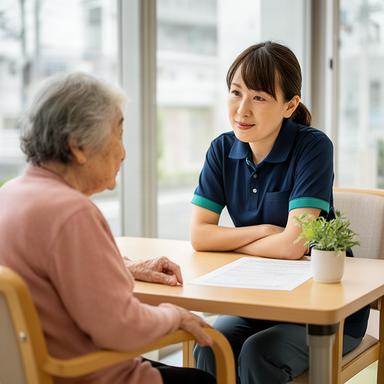 地域の相談会で高齢者支援の話を聞く介護支援専門員