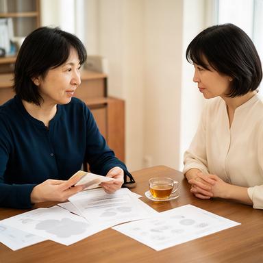 相談室で生活保護制度の資料を確認する社会福祉士