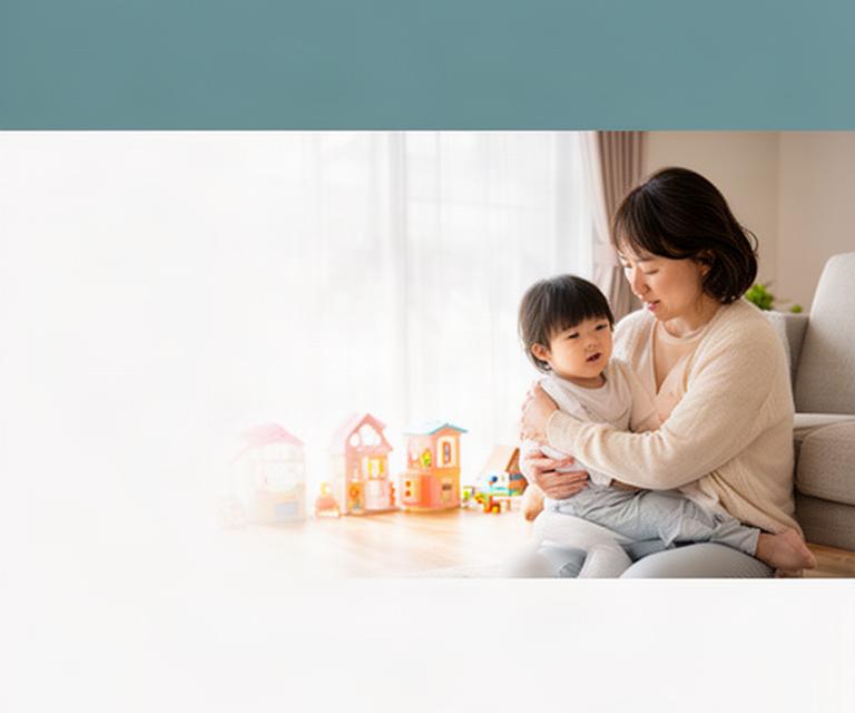神戸の明るい居室で子どもと向き合うひとり親の姿と、窓辺のおもちゃ