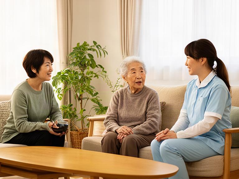 神戸市垂水区の明るい居間で家族と高齢女性が相談する様子