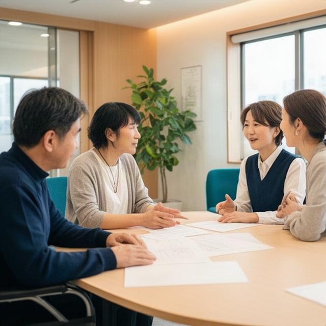 神戸の明るい相談室で支援員と家族が資料を見ながら話している様子